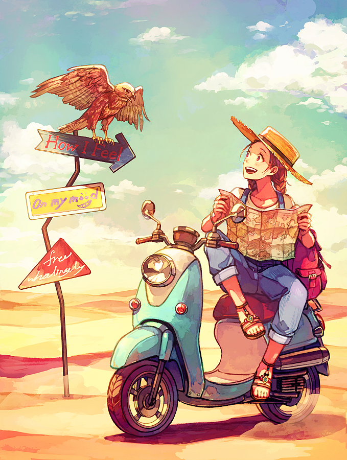 1girl, akagi_shun, bird, blush, boater_hat, bracelet, braid, brown_eyes