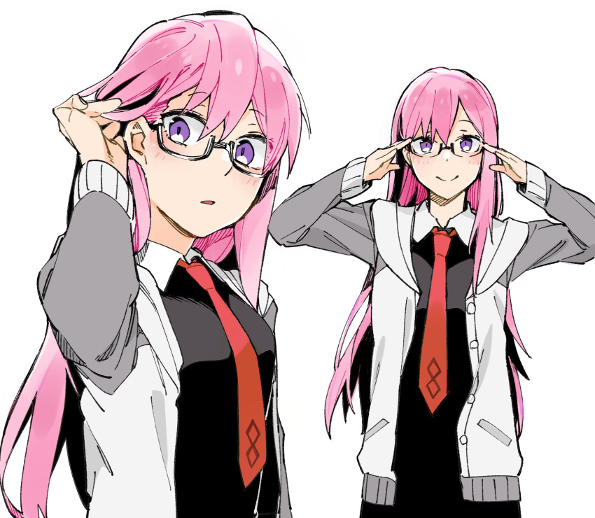 1girl, adjusting_hair, alternate_hair_length, alternate_hairstyle, bangs, black-framed_eyewear, black_shirt, blush