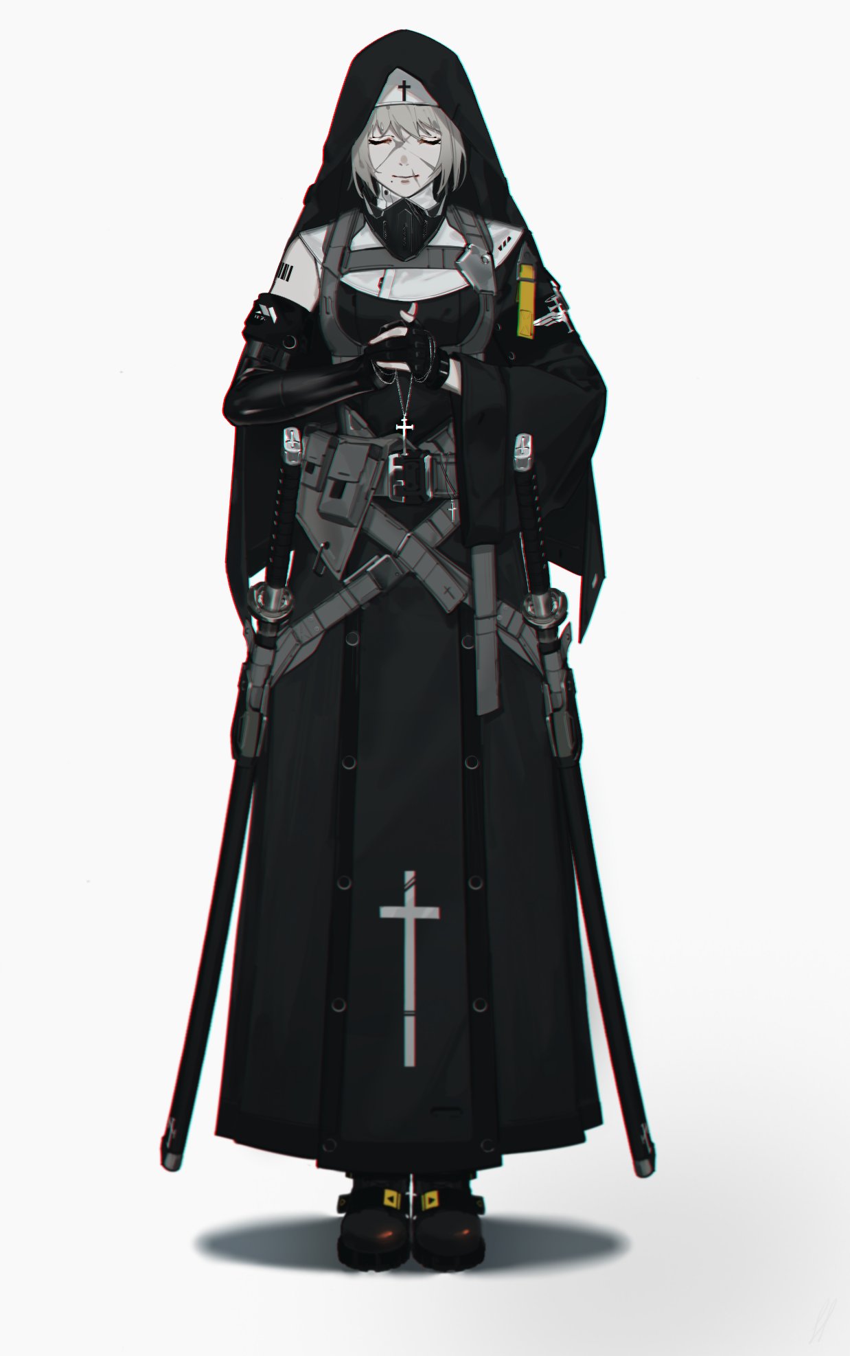 1girl, armor, asymmetrical_sleeves, barcode, barcode_tattoo, belt_buckle, belt_pouch, buckle