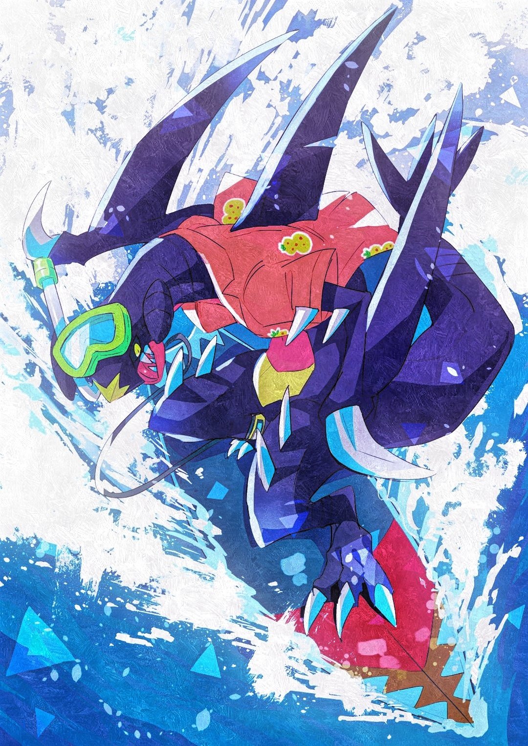 45_(maruyaki45), black_sclera, claws, clothed_pokemon, colored_sclera, day, garchomp, gen_4_pokemon, goggles, highres, no_humans, open_mouth, orange_shirt, outdoors, pokemon, pokemon_(creature), pokemon_(game), pokemon_unite, sharp_teeth, shirt, short_sleeves, snorkel, solo, spikes, standing, surfboard, surfing, symbol-only_commentary, teeth, tongue, water, yellow_eyes