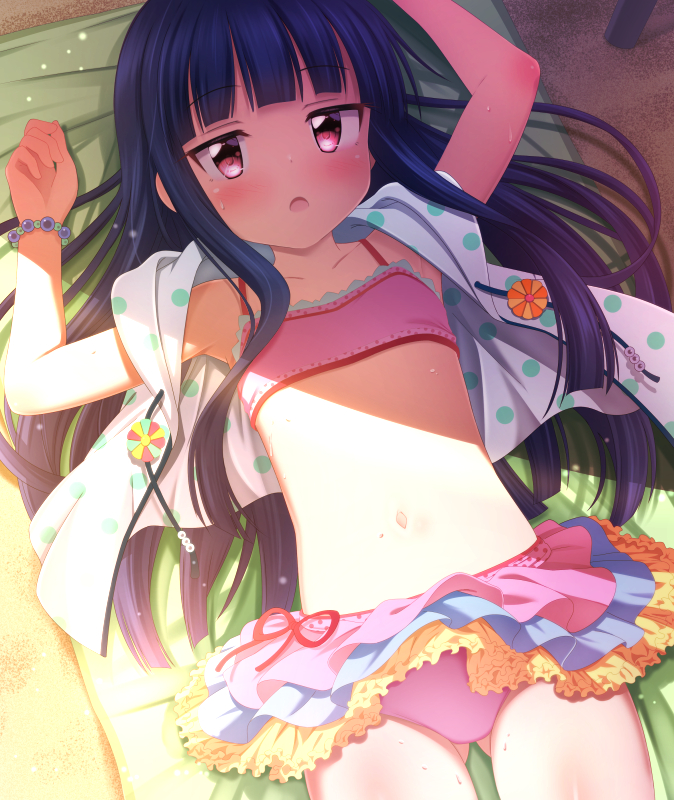 1girl, arms_up, ass_visible_through_thighs, ayase_midori, bangs, bikini, bikini_skirt, blue_hair