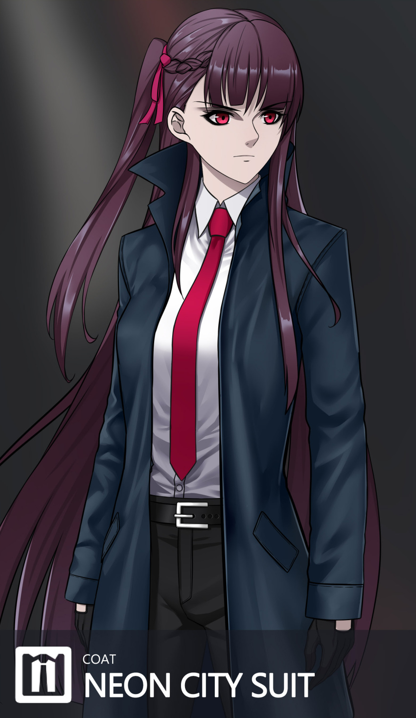 1girl, absurdres, agent_47, agent_47_(cosplay), belt, belt_buckle, black_belt, black_gloves, black_pants, blue_coat, breasts, buckle, coat, cosplay, formal, girls_frontline, gloves, half_updo, highres, hitman_(game), long_coat, long_hair, long_sleeves, lzypoipoi, medium_breasts, necktie, one_side_up, pants, purple_hair, red_eyes, red_neckwear, solo, wa2000_(girls_frontline)