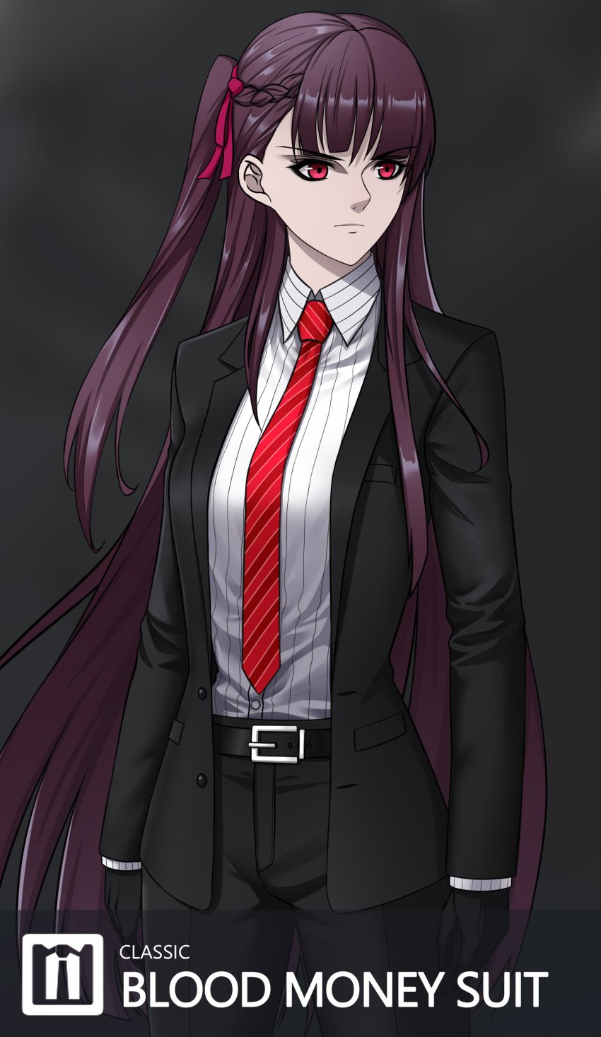 1girl, absurdres, agent_47, agent_47_(cosplay), belt, belt_buckle, black_belt, black_gloves