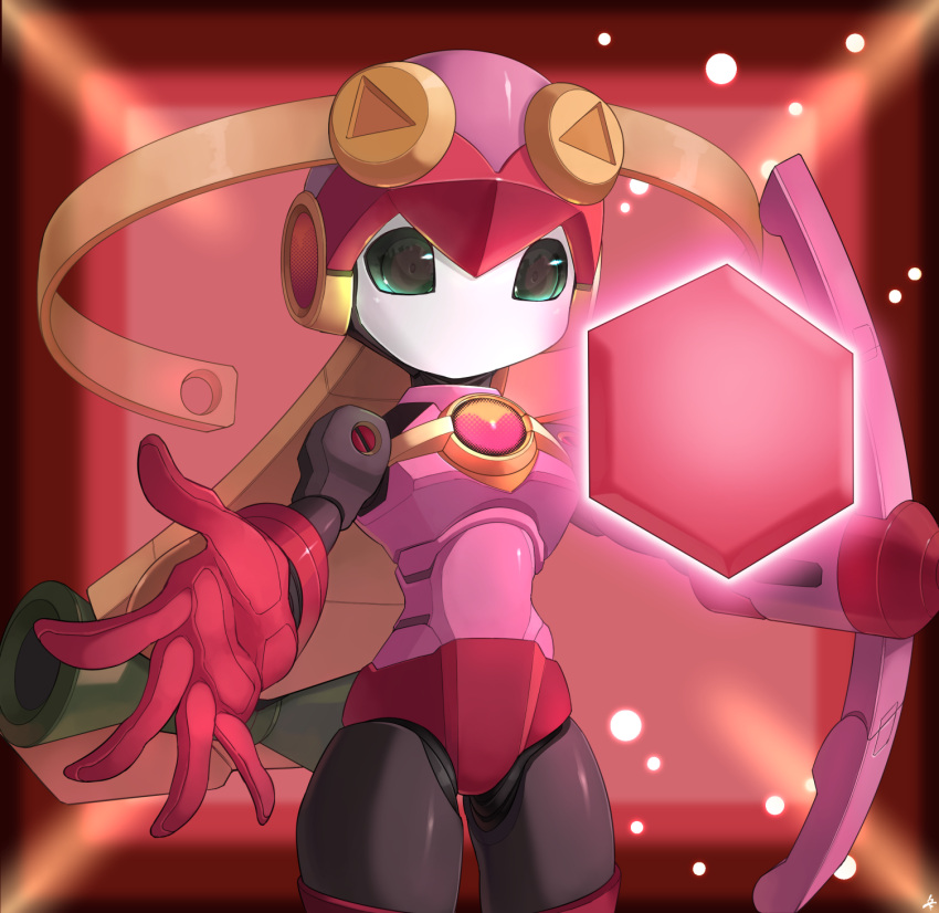 1girl, arm_cannon, green_eyes, heart_roll, highres, humanoid_robot, joints, looking_ahead, medarot, mega_man_(series), mega_man_battle_network, no_humans, open_hand, rati_(absoluteblue), robot_joints, science_fiction, solo, weapon