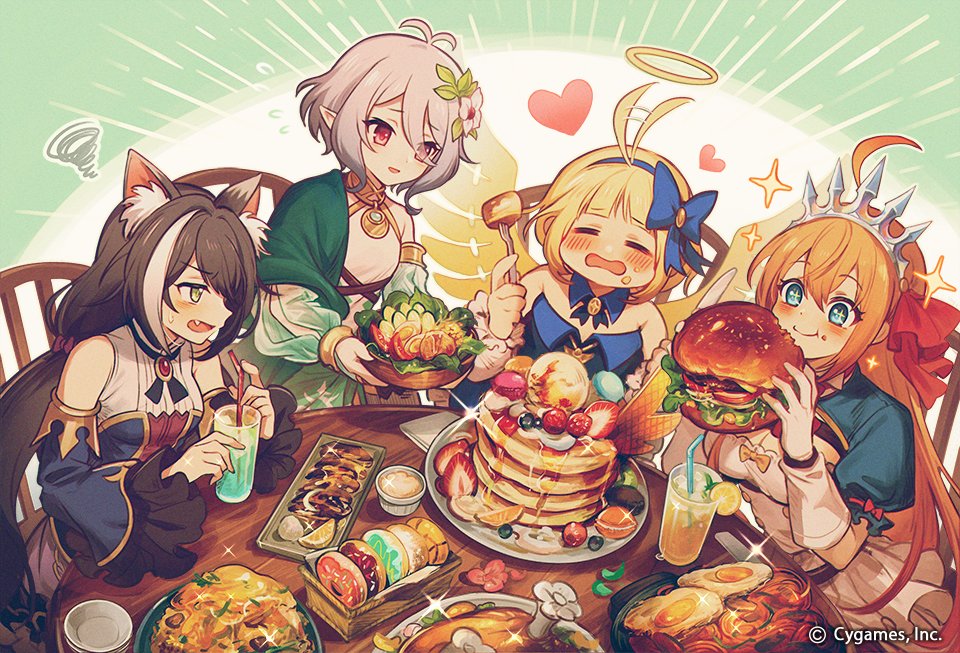 4girls, ahoge, ahoge_wag, animal_ear_fluff, animal_ears, antenna_hair, bangs, basket