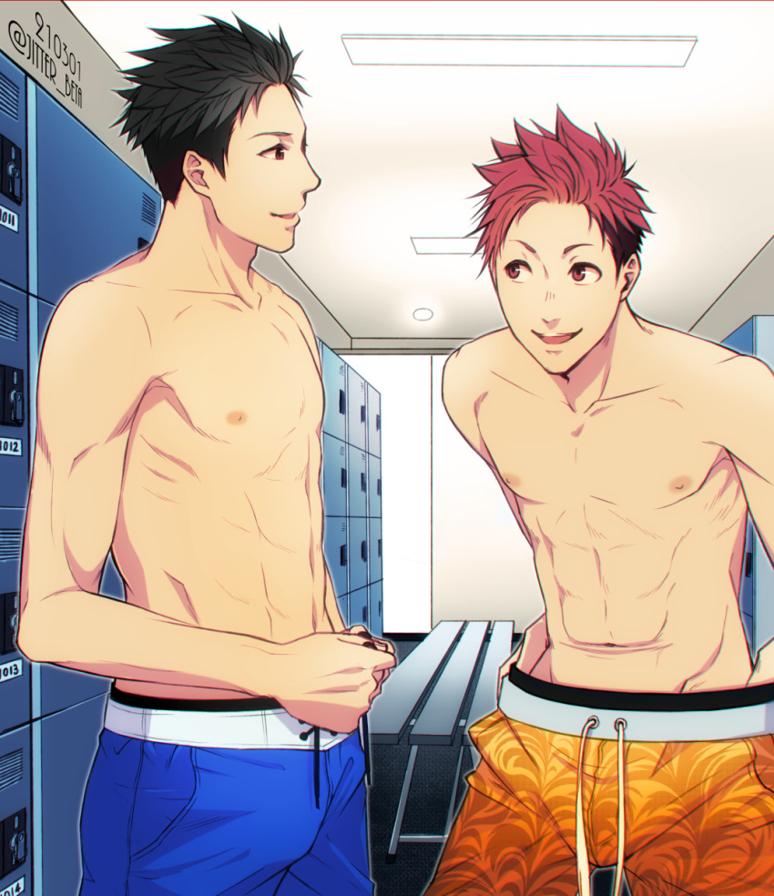 2boys, :d, abs, artist_name, bench, black_hair, blue_male_swimwear, bulge