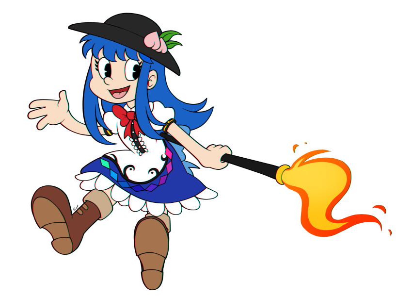 1930s_(style), aimturein, apron, black_headwear, blouse, blue_bow, blue_hair, blue_skirt