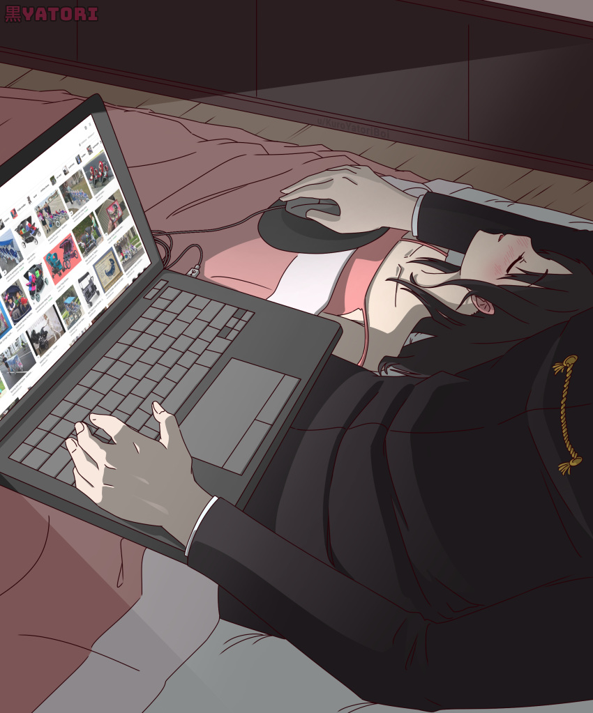 1boy, 1girl, absurdres, artist_name, blanket, blush, closed_eyes, computer, convenient_breasts, eyebrows_visible_through_hair, flat_chest, flat_chest_joke, highres, kaguya-sama_wa_kokurasetai_~tensai-tachi_no_renai_zunousen~, laptop, long_hair, long_sleeves, lying, meme, mouse_(computer), mousepad_(object), nightgown, on_back, school_uniform, shinomiya_kaguya, shirogane_miyuki, shuuchiin_academy_uniform, sleeping