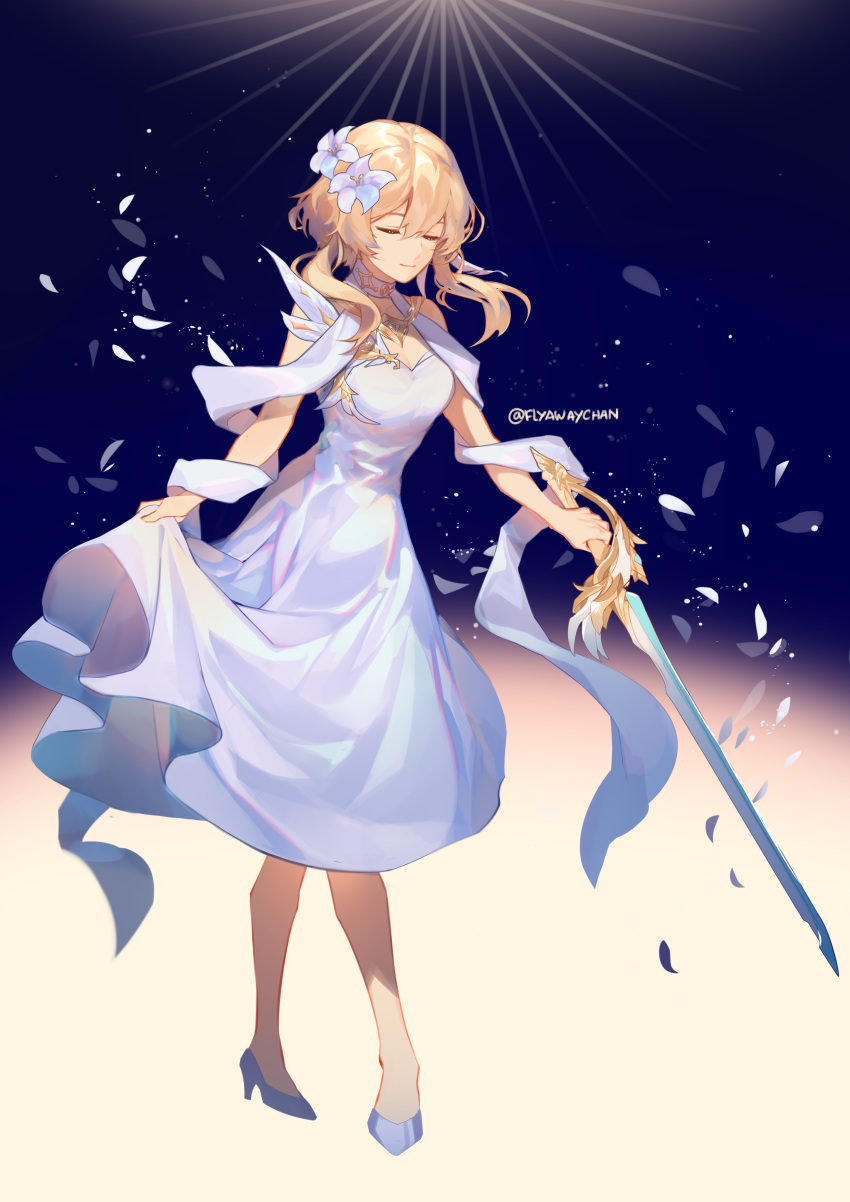 1girl, absurdres, bangs, blonde_hair, bowing, breasts, closed_eyes, clothes_lift, dress, dress_lift, english_commentary, flower, flyawaychan, full_body, genshin_impact, gradient, gradient_background, hair_flower, hair_ornament, high_heels, highres, holding, holding_sword, holding_weapon, lumine_(genshin_impact), scarf, shoes, short_hair_with_long_locks, sidelocks, sleeveless, sleeveless_dress, solo, sword, twitter_username, weapon, white_dress, white_footwear, white_scarf