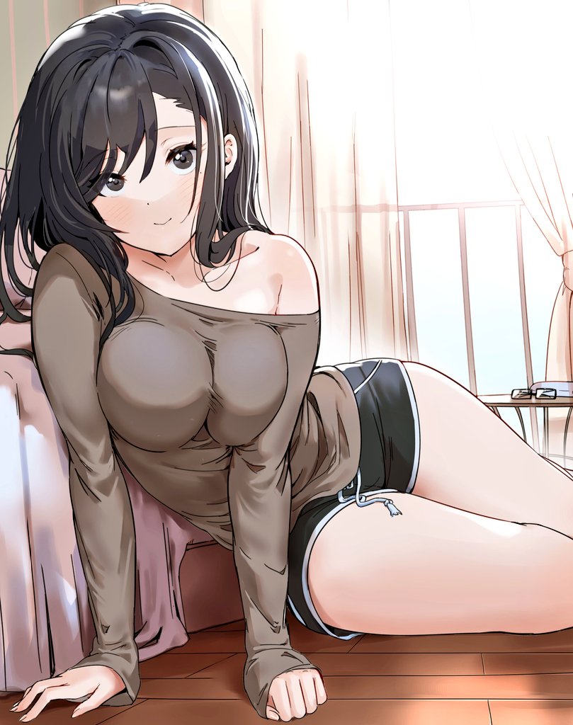 1girl, asymmetrical_hair, bare_shoulders, bed, bed_sheet, bedroom, black_eyes, black_hair