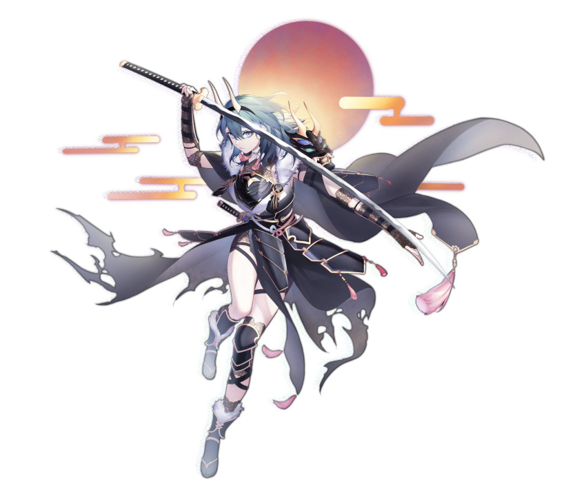 1girl, alternate_costume, arm_guards, armor, armored_dress, black_cape, black_dress, black_footwear