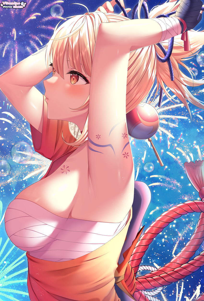 1girl, absurdres, arm_tattoo, armpits, arms_up, artist_name, bandaged_arm, bandages