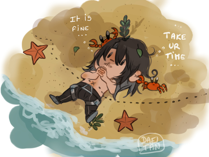 1boy, beach, beard, black_hair, chibi, crab, dadeltan, english_commentary