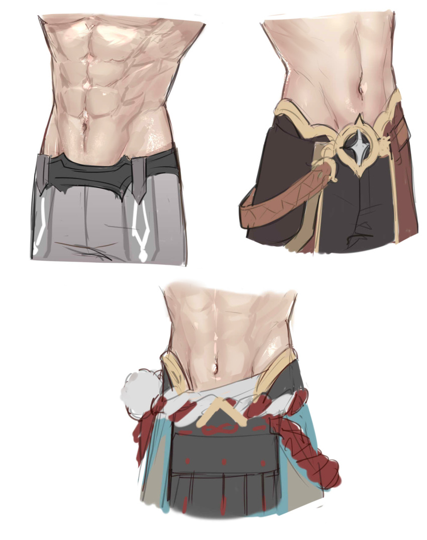 3boys, abs, aether_(genshin_impact), belt, black_pants, brown_pants, english_commentary, genshin_impact, gorou_(genshin_impact), grey_pants, ha_ze, highres, male_focus, multiple_boys, navel, pants, simple_background, stomach, tartaglia_(genshin_impact), white_background