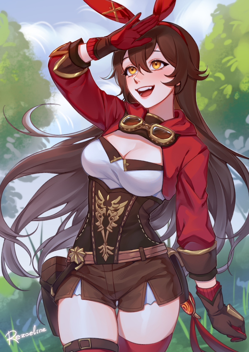 1girl, absurdres, amber_(genshin_impact), animal_ears, breasts, brown_hair, cowboy_shot, english_commentary, fake_animal_ears, genshin_impact, gloves, goggles, goggles_around_neck, hair_between_eyes, hairband, highres, long_hair, long_sleeves, medium_breasts, open_mouth, outdoors, pouch, rabbit_ears, rezoeline, shorts, shrug_(clothing), solo, standing, teeth, thigh-highs, tongue, vision_(genshin_impact), yellow_eyes