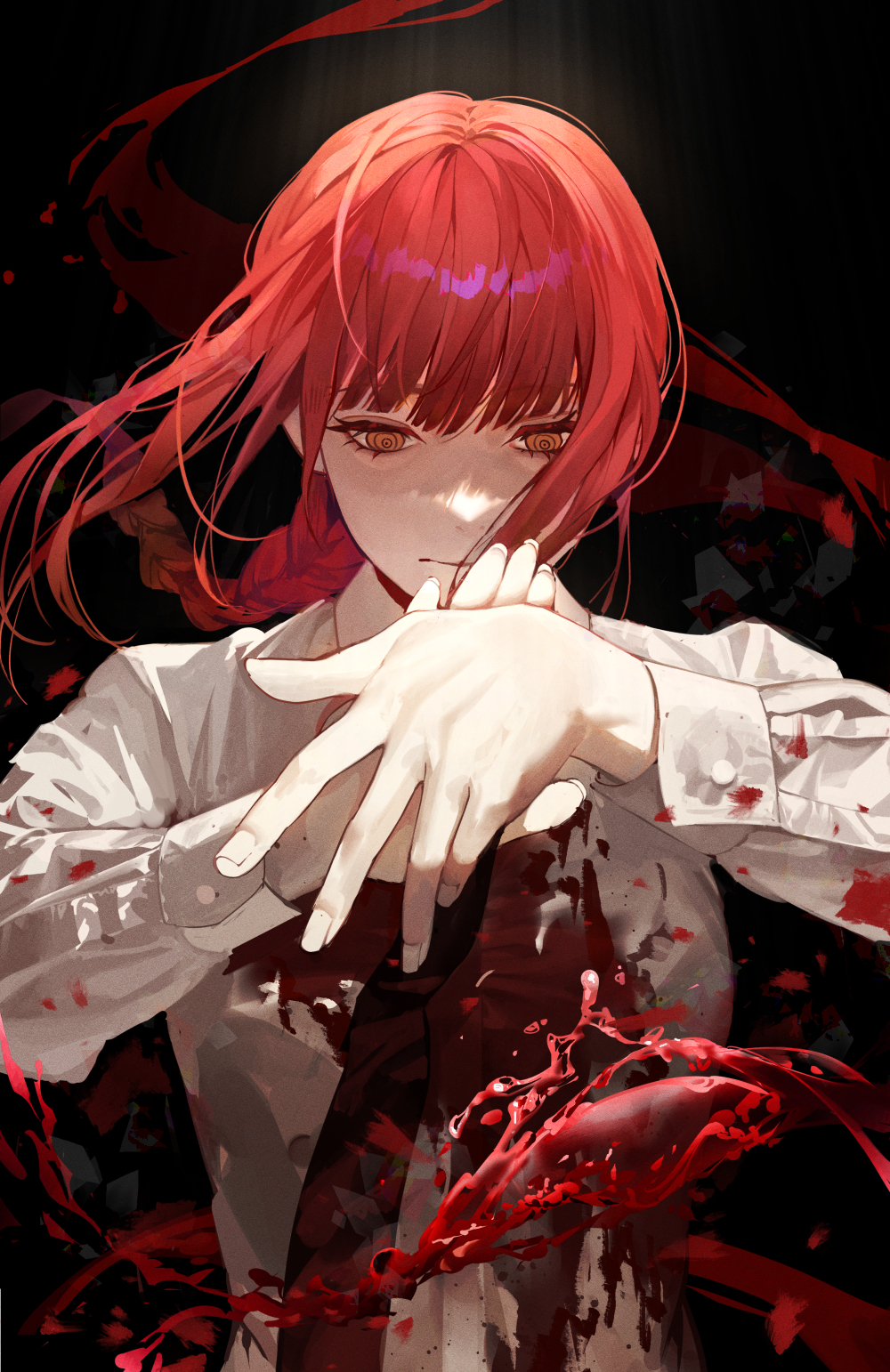 1girl, bangs, black_pants, blood, blood_on_clothes, braid, braided_ponytail, chainsaw_man