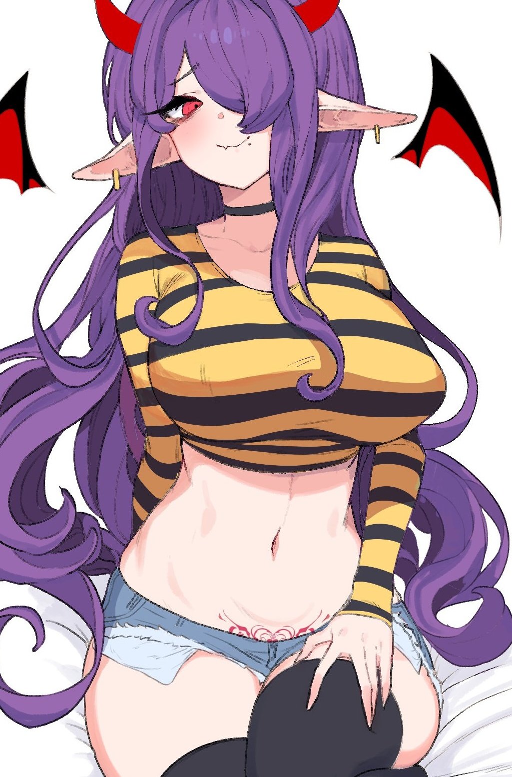 1girl, black_legwear, breasts, commission, crop_top, curly_hair, demon_girl, demon_horns