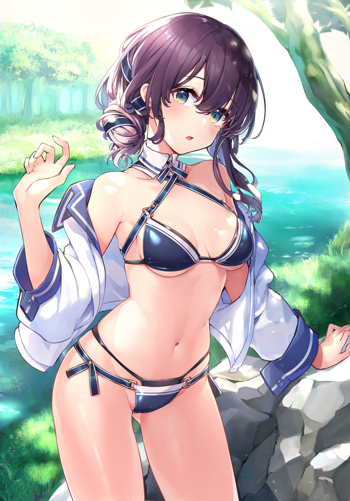 1girl, ao_no_neko, ass_visible_through_thighs, bangs, bikini, black_bikini, blue_bikini, breasts, brown_hair, collarbone, commentary_request, cowboy_shot, dappled_sunlight, detached_collar, eyebrows_visible_through_hair, grass, green_eyes, hair_ribbon, highres, layered_bikini, long_sleeves, looking_at_viewer, navel, open_clothes, open_mouth, open_shirt, original, ribbon, river, rock, shirt, sideboob, sidelocks, small_breasts, solo, standing, sunlight, swimsuit, thighs, tree, tree_trunk, under_boob, wavy_mouth, white_shirt