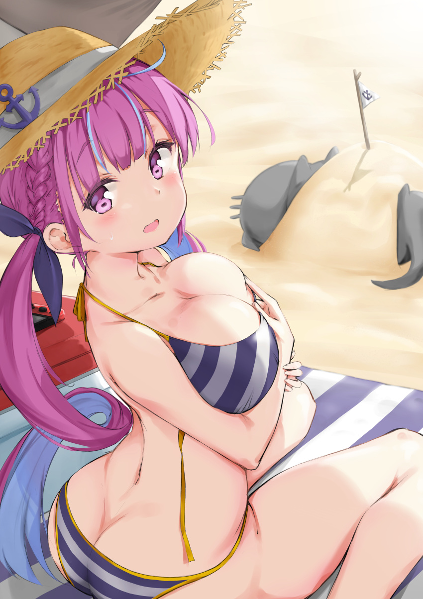 1girl, absurdres, ass, beach, beach_towel, bikini, blue_bikini, blue_hair, blue_ribbon, blush, braid, breasts, butt_crack, colored_inner_hair, drill_hair, french_braid, from_above, from_behind, full_body, hair_ribbon, halter_top, halterneck, hat, highres, hololive, kneeling, komasi, large_breasts, long_hair, looking_at_viewer, minato_aqua, multicolored_hair, open_mouth, purple_hair, ribbon, sitting, smile, solo, straw_hat, string_bikini, striped, striped_bikini, swimsuit, towel, twin_braids, twin_drills, twintails, two-tone_hair, untied, untied_bikini, violet_eyes, virtual_youtuber, wariza