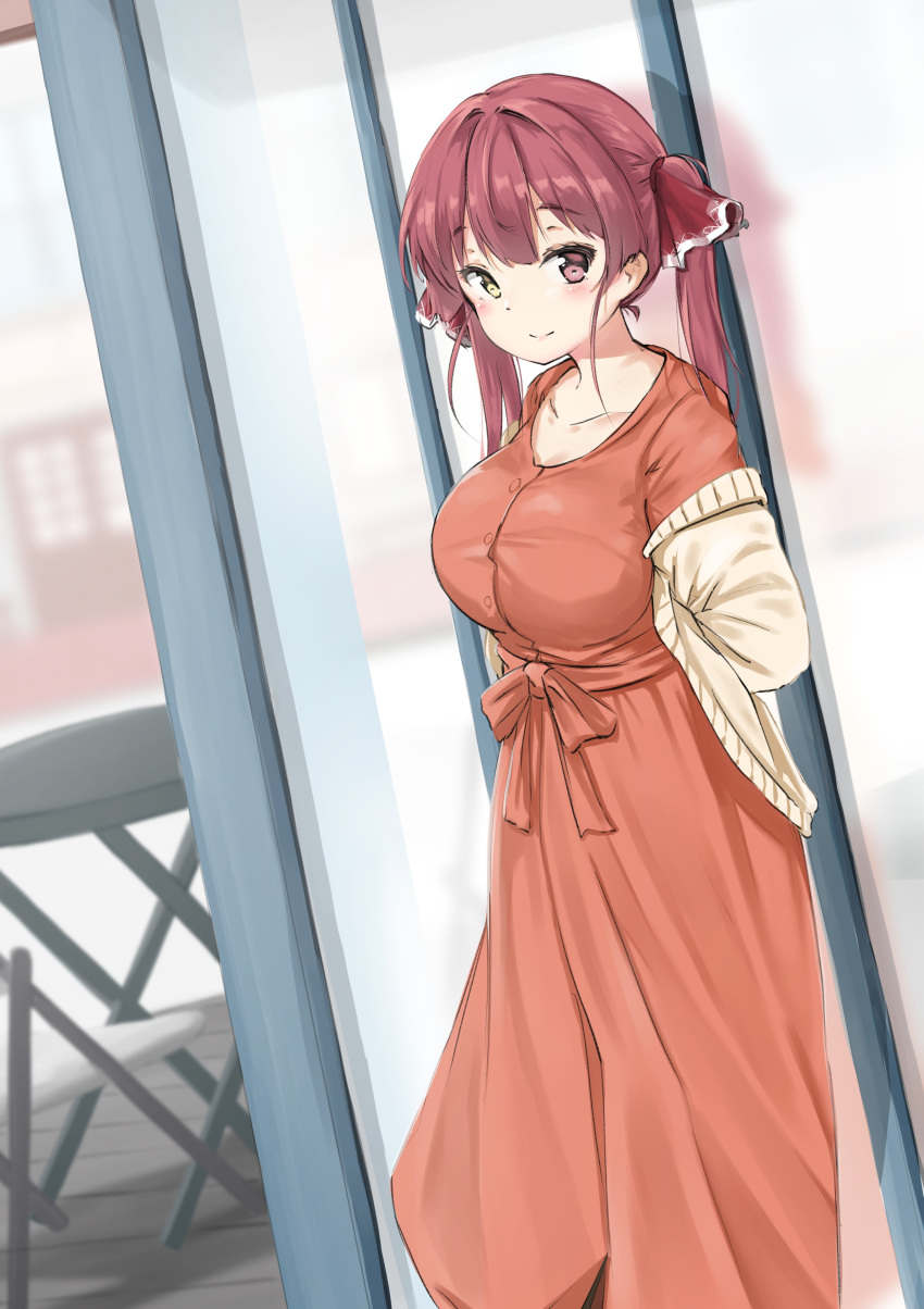 1girl, absurdres, against_wall, breasts, closed_mouth, collarbone, dress, eyebrows_visible_through_hair