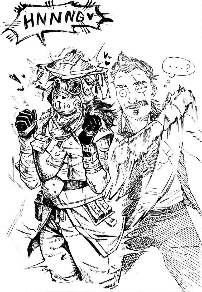 ..., 1boy, 1other, ?, absurdres, ambiguous_gender, apex_legends, ass_smack, belt, bloodhound_(apex_legends), clenched_hands, confused, facial_hair, fuse_(apex_legends), gas_mask, gloves, goggles, greyscale, heart, helmet, highres, ink_(medium), jacket, monochrome, mustache, one_eye_covered, scar, scar_across_eye, sleeveless, sleeveless_jacket, soul_patch, speech_bubble, surprised, tengtengs1234, thought_bubble, traditional_media, white_background