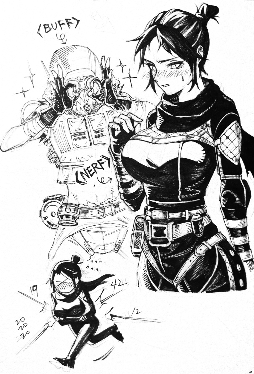 1boy, 1girl, absurdres, apex_legends, belt, blush, bodysuit, breasts