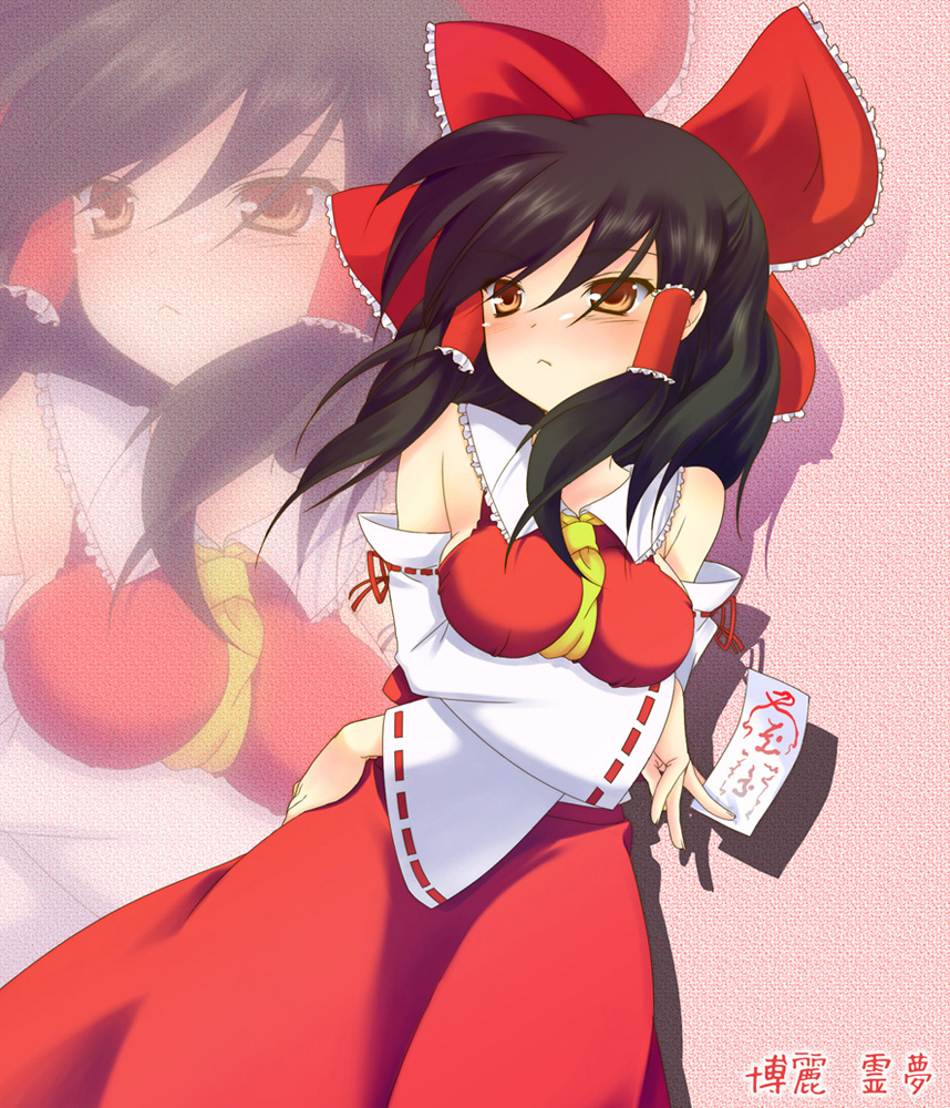:<, black_hair, blush, bow, breast_lift, breasts, character_name, elbow_gloves