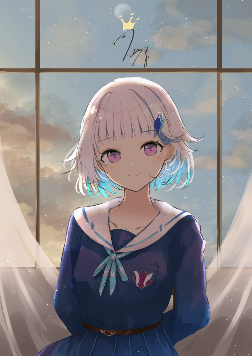 1girl, absurdres, arms_behind_back, bangs, blue_hair, blue_serafuku, blue_shirt, blue_skirt
