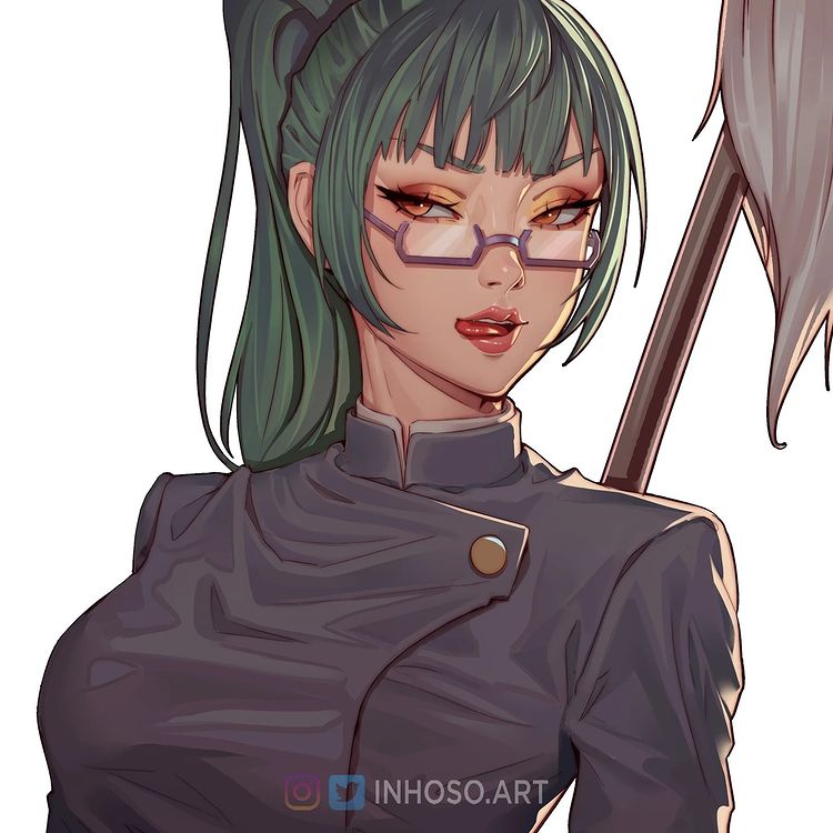1girl, artist_name, bangs, breasts, brown_eyes, brown_eyeshadow, english_commentary, glasses