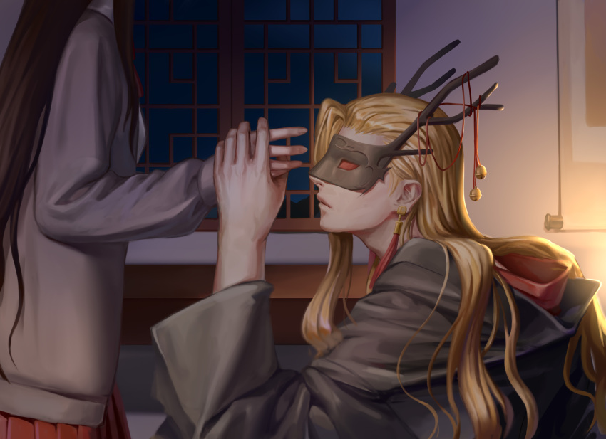 1boy, 1girl, absurdres, bell, blonde_hair, brown_hair, character_request, closed_mouth, earrings, fingernails, forever_7th_capital, hanging_scroll, hejia_abby, highres, holding, holding_hands, horned_headwear, horned_mask, indoors, jewelry, long_hair, long_sleeves, mask, red_neckwear, red_skirt, scroll, skirt, tassel, tassel_earrings, wide_sleeves, window