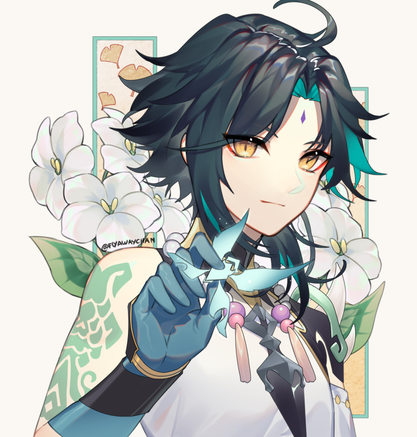 1boy, ahoge, arm_tattoo, armor, bare_shoulders, bead_necklace, beads, black_hair, closed_mouth, creature, eyebrows_visible_through_hair, eyes_visible_through_hair, eyeshadow, facial_mark, floral_background, flower, flyawaychan, genshin_impact, gloves, green_gloves, green_hair, highres, holding, holding_creature, jewelry, leaf, looking_at_viewer, makeup, male_focus, medium_hair, multicolored, multicolored_hair, necklace, pauldrons, red_eyes, shoulder_armor, single_bare_shoulder, single_pauldron, slit_pupils, solo, spikes, tattoo, turtleneck, twitter_username, upper_body, white_flower, wings, xiao_(genshin_impact), yellow_eyes