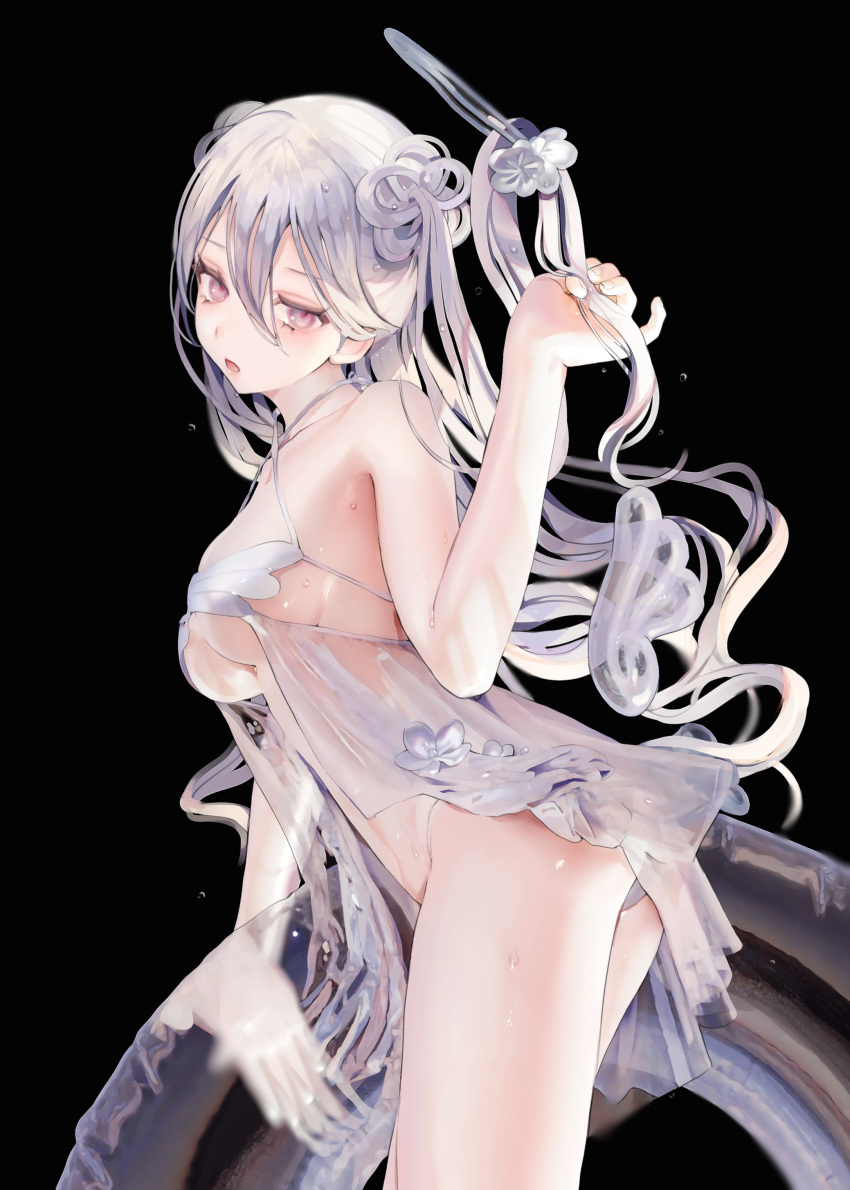 1girl, absurdres, bangs, bare_arms, bare_shoulders, bikini, black_background, breasts, cowboy_shot, criss-cross_halter, floating_hair, flower, from_side, hair_between_eyes, hair_flower, hair_ornament, halter_top, halterneck, highres, holding, holding_hair, iijima_masashi, innertube, long_hair, looking_at_viewer, medium_breasts, original, parted_lips, pink_eyes, silver_hair, simple_background, solo, standing, swimsuit, two_side_up, under_boob, very_long_hair, white_bikini