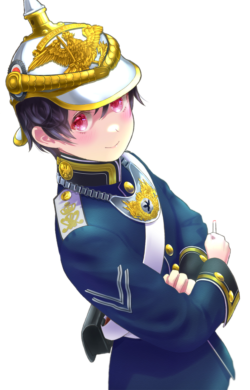 1girl, bangs, black_hair, blue_jacket, cigarette, closed_mouth, german_army, hair_between_eyes