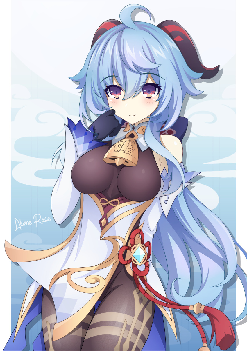 absurdres, ahoge, akane_rose, artist_name, bangs, bare_shoulders, bell, black_gloves