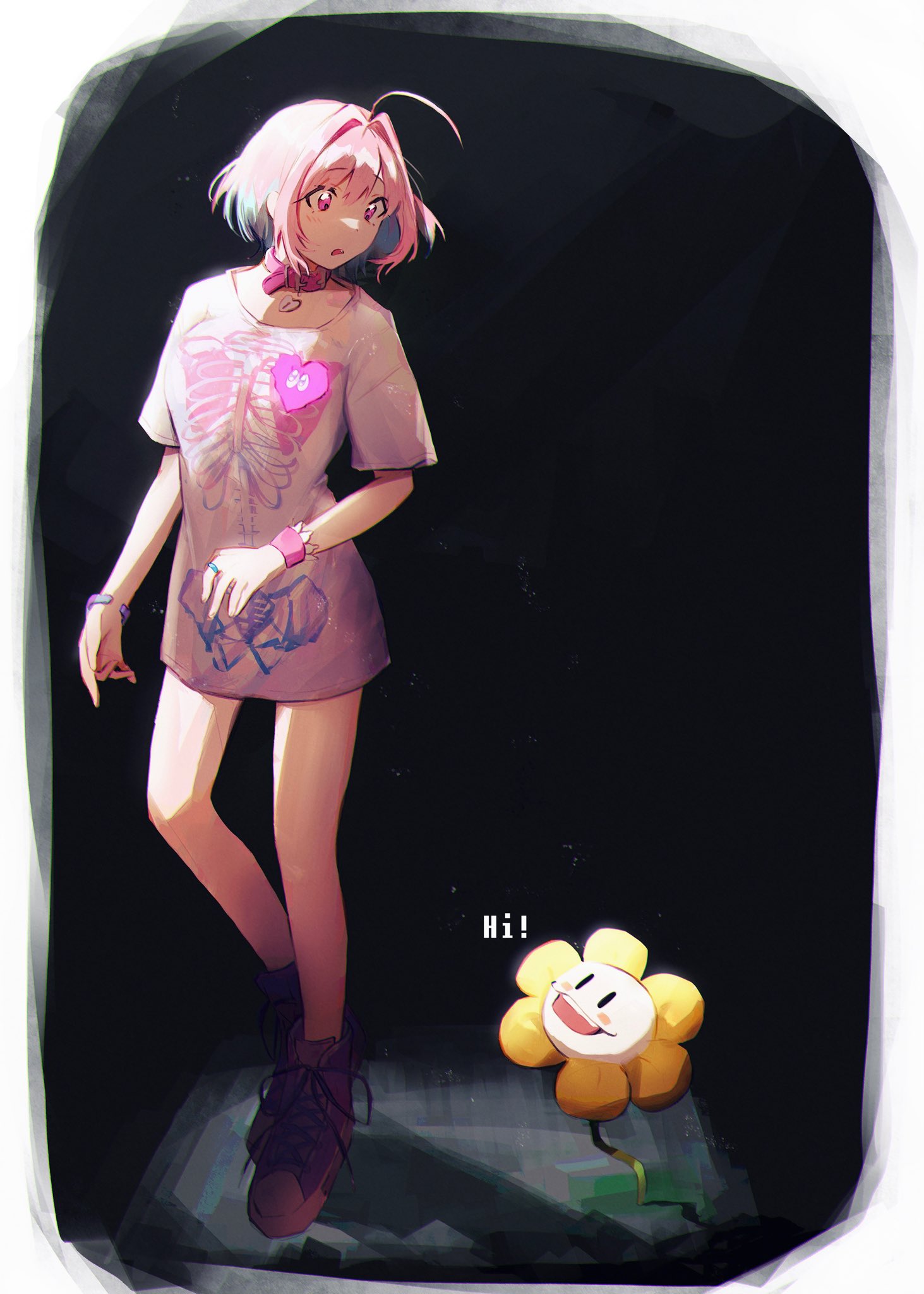 1girl, ahoge, blue_hair, collar, crossover, flowey_(undertale), hair_intakes, hamachamu