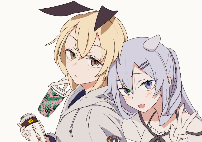 2girls, alternate_costume, bangs, blonde_hair, blush, brown_eyes, cup, hair_between_eyes