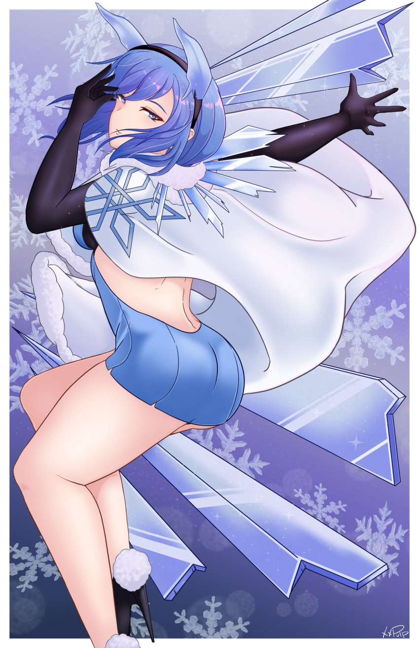 1girl, ass, back, bare_legs, blue_eyes, blue_hair, breasts, cape