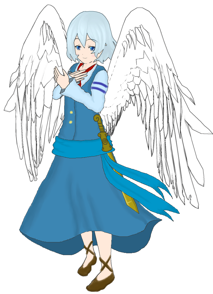 1girl, angel, angel_wings, blue_hair, blue_outfit, brown_footwear, caraprincess, fangame
