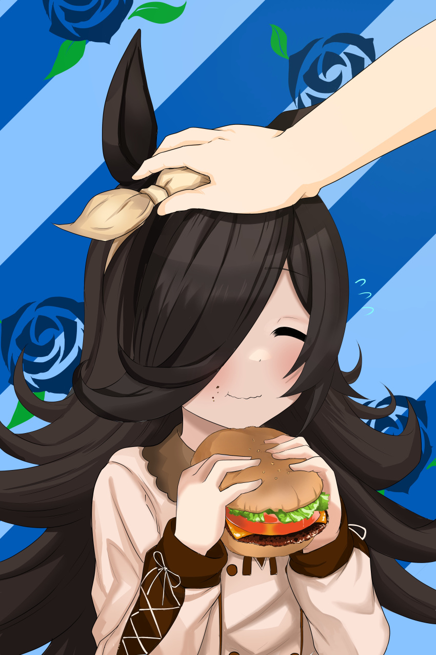 1girl, absurdres, animal_ears, arms_up, bangs, beige_bow, beige_sweater, blue_background
