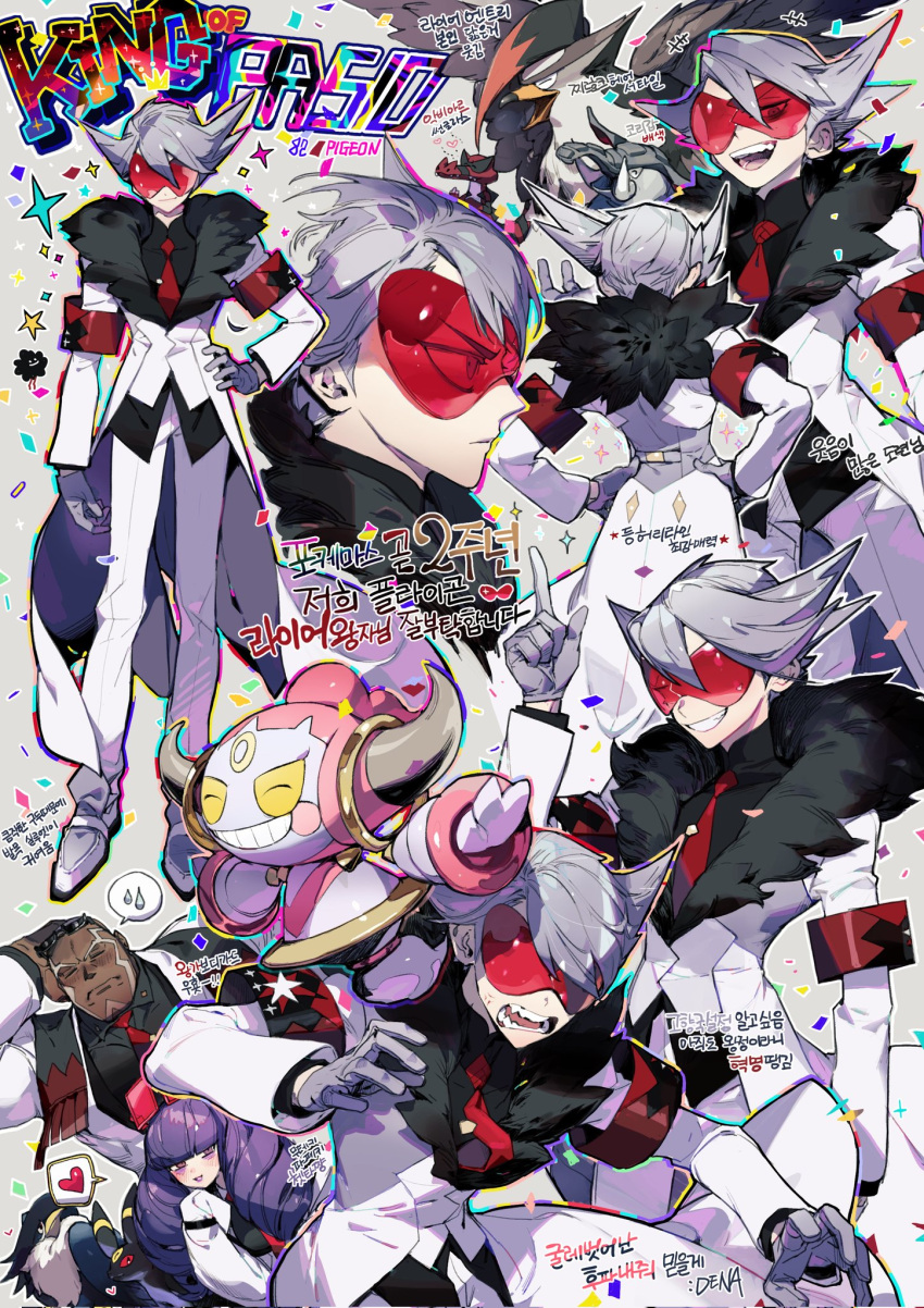 1girl, 2boys, arm_behind_head, armband, bangs, black_shirt, blunt_bangs, blush