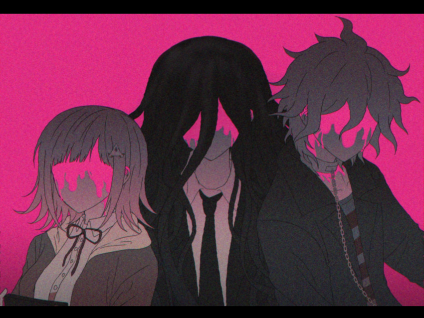 1girl, 2boys, bangs, blood, blood_on_face, chain, collar, collarbone