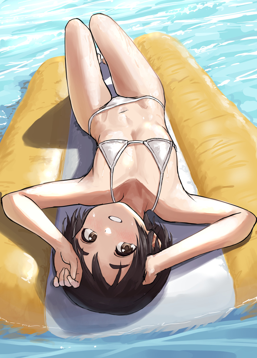 1girl, absurdres, alternate_costume, bangs, bare_arms, bare_legs, bare_shoulders, barefoot, bikini, black_hair, blush, brown_eyes, commentary_request, day, flat_chest, from_above, grin, highres, inflatable_raft, kantai_collection, kibitarou, looking_at_viewer, lying, maru-yu_(kancolle), micro_bikini, navel, on_back, outdoors, short_hair, smile, solo, swimsuit, upside-down, water, wet, white_bikini