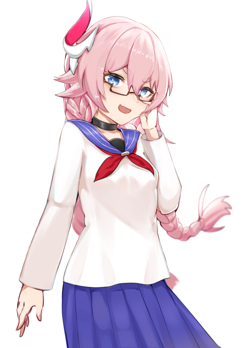 1girl, :d, absurdres, bangs, blue_eyes, blue_skirt, braid, fang
