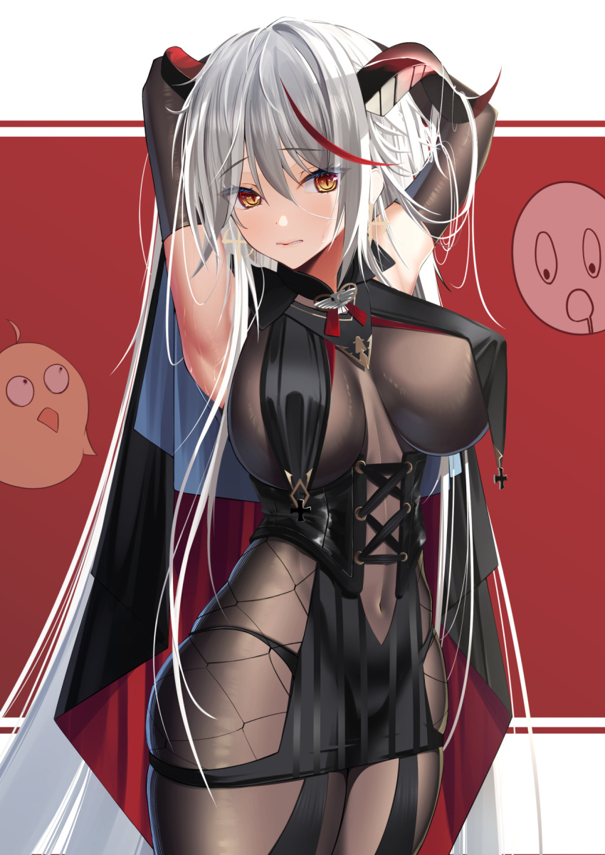 1girl, absurdly_long_hair, aegir_(azur_lane), armpits, arms_behind_head, azur_lane, black_cape, black_gloves, bodystocking, breast_curtains, breasts, cape, covered_navel, covered_nipples, cross-laced_clothes, demon_horns, elbow_gloves, eyebrows_visible_through_hair, gloves, hair_between_eyes, hair_on_horn, highres, horns, impossible_clothes, inui_kentarou, iron_cross, large_breasts, long_hair, multicolored_hair, red_background, redhead, simple_background, skin_tight, skindentation, solo, streaked_hair, two-tone_background, underbust, very_long_hair, white_background, white_hair, yellow_eyes