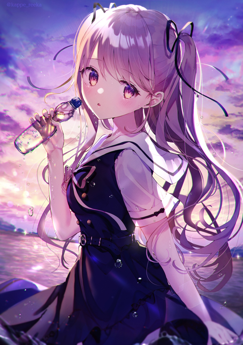 1girl, :o, bangs, black_ribbon, blue_dress, blush, bottle, clouds, dress, hair_ribbon, hand_up, highres, holding, holding_bottle, kappe_reeka, long_hair, looking_at_viewer, neck_ribbon, ocean, open_mouth, original, outdoors, pink_hair, ramune, ribbon, sailor_collar, school_uniform, serafuku, short_sleeves, sky, solo, standing, sunrise, twintails, violet_eyes, white_sailor_collar