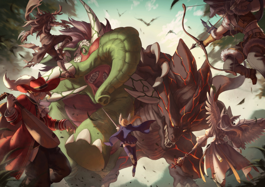 2girls, 3boys, alternate_color, antlers, archbishop_(ragnarok_online), arm_blade, arrow_(projectile), battle, bird, black_cape, black_gloves, black_pants, black_shirt, blonde_hair, blue_legwear, blue_skirt, boots, bow_(weapon), brown_footwear, brown_gloves, brown_hair, brown_shirt, brown_shorts, cape, coat, crop_top, crosier, drawing_bow, dress, feathered_wings, fighting, fingerless_gloves, from_behind, full_body, fur-trimmed_gloves, fur-trimmed_shirt, fur-trimmed_shorts, fur_trim, gloves, grey_dress, grey_hair, grey_pants, guillotine_cross_(ragnarok_online), head_wings, highres, holding, holding_bow_(weapon), holding_staff, holding_sword, holding_weapon, instrument, kauedaiprai, long_hair, long_sleeves, looking_at_animal, lute_(instrument), maestro_(ragnarok_online), mammoth, monster, multiple_boys, multiple_girls, navel, official_alternate_costume, official_art, official_wallpaper, pants, pants_under_shorts, pelt, pleated_skirt, plume, ragnarok_online, red_coat, red_headwear, rune_knight_(ragnarok_online), shirt, shoes, short_hair, shorts, skirt, sleeveless, sleeveless_shirt, sniper_(ragnarok_online), staff, sword, thigh-highs, torn_cape, torn_clothes, two-tone_gloves, two-tone_shirt, waist_cape, weapon, white_gloves, white_wings, wings, wolf_pelt, yellow_gloves, yellow_shirt