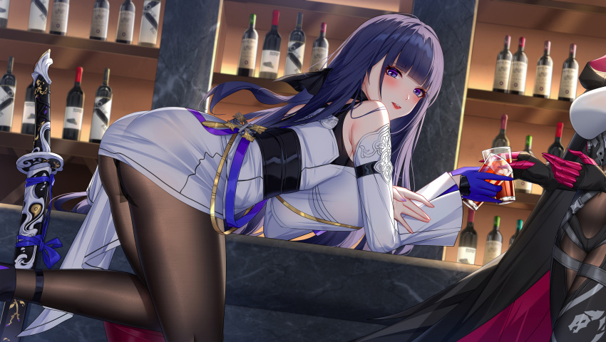 2girls, absurdres, ass, bangs, black_legwear, blunt_bangs, blush, breasts