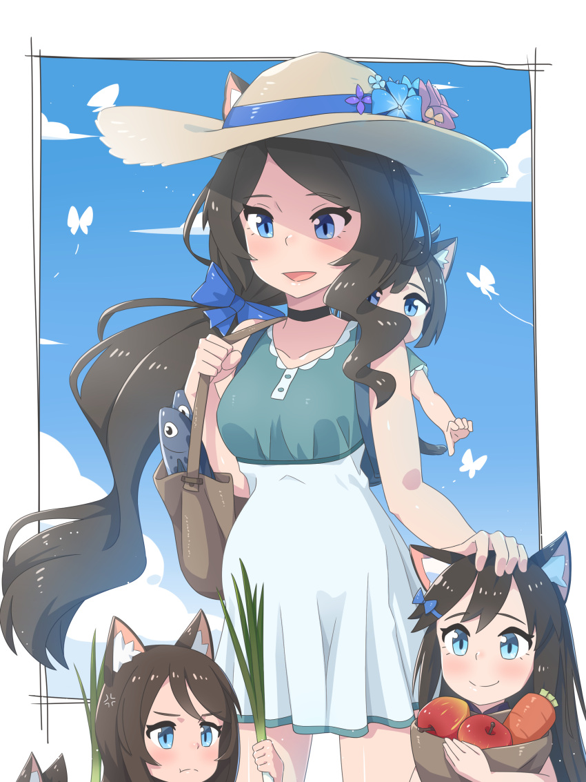 4girls, :d, :t, absurdres, animal_ear_fluff, animal_ears, bag, black_choker