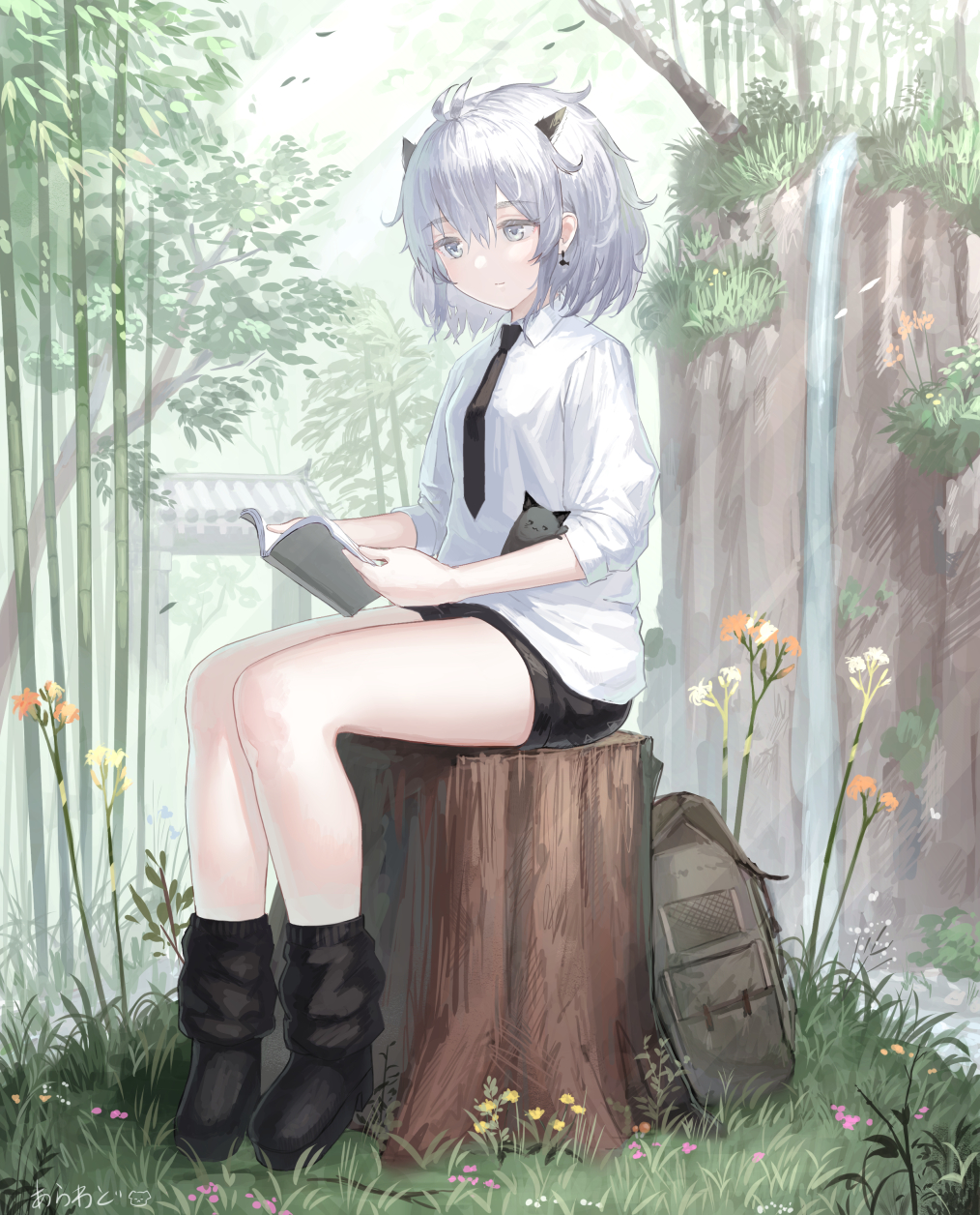 1girl, animal_ears, antenna_hair, arawado, bamboo, bangs, black_footwear, black_legwear
