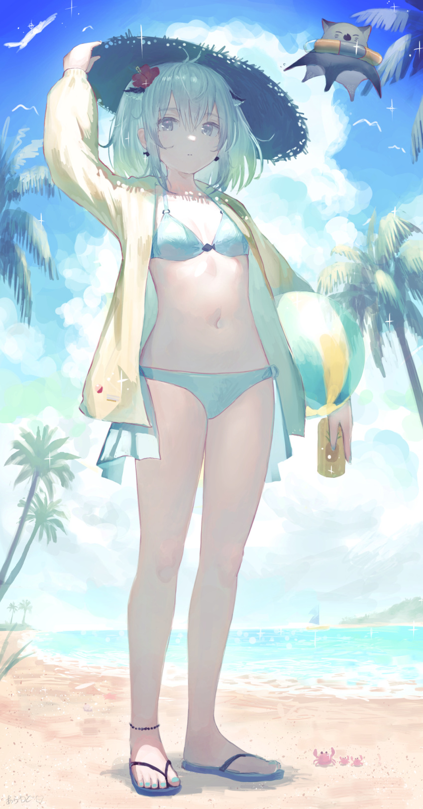 1girl, animal_ears, anklet, aqua_bikini, arawado, arm_up, ball, bangs